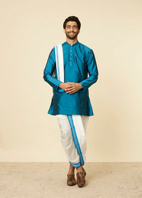 alt message - Manyavar Men Teal Blue and Cream Zari Detailed Traditional South Indian Dhoti Set image number 2